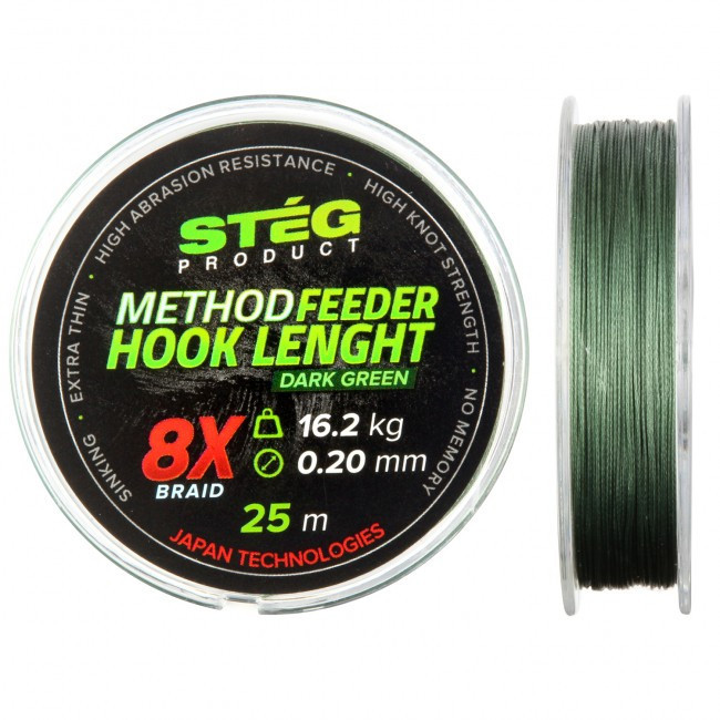 Повідцевий шнур Steg Method Feeder Hook Length 8X 25m Green 0.18